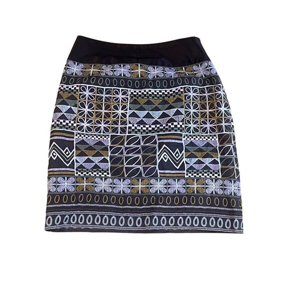 Etcetera Italian Brown Embroidered 100% Silk Geometric Pattern Womens skirt 6 - Picture 1 of 9